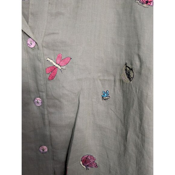 Citron Santa Monica 3X Green Button-Up Embroidered Ramie Tunic Top Boho Artsy - Picture 12 of 16